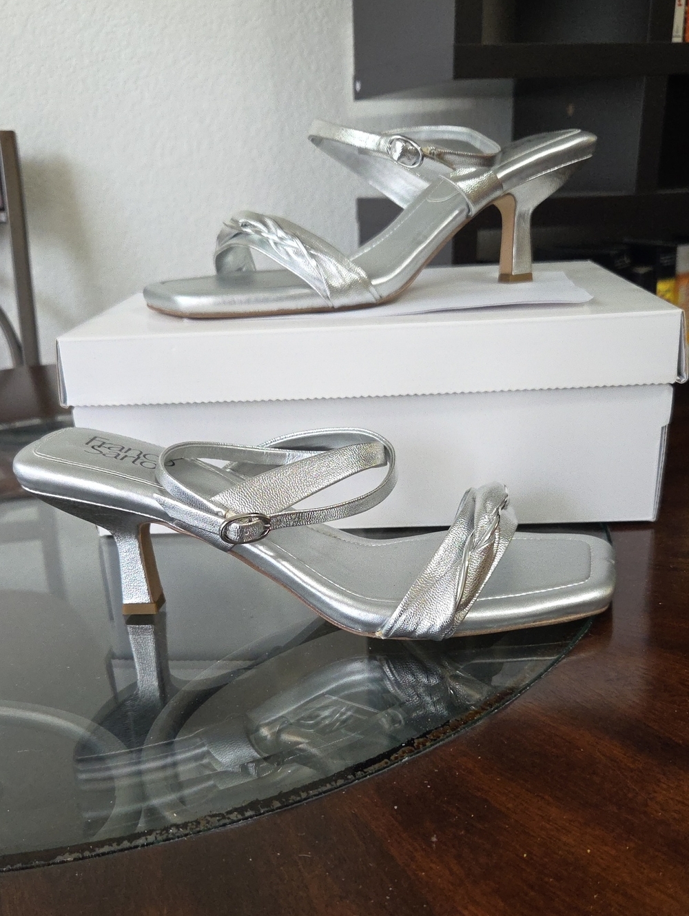 Franco Sarto Silver Braided Strap Mid-Heel Sandals